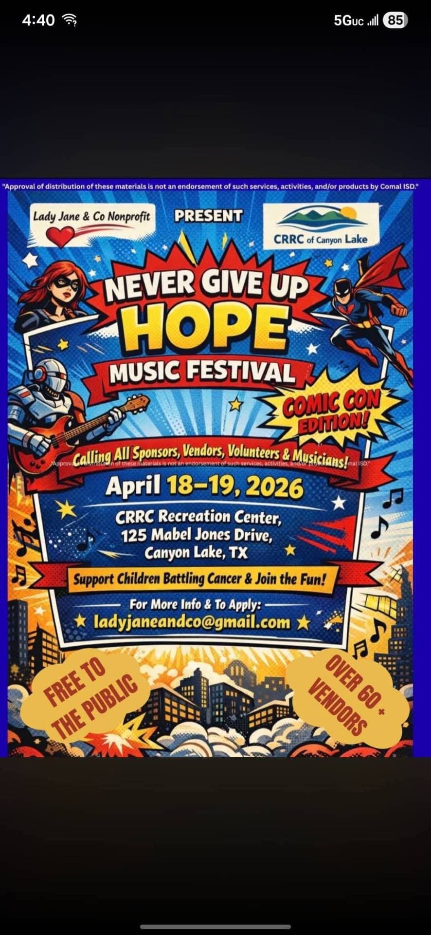 Never Give Up Hope Music Festival — Comic Con Edition poster