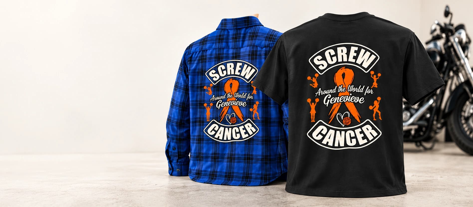 Back-printed black Screw Cancer T-shirt and blue plaid flannel on a light studio backdrop